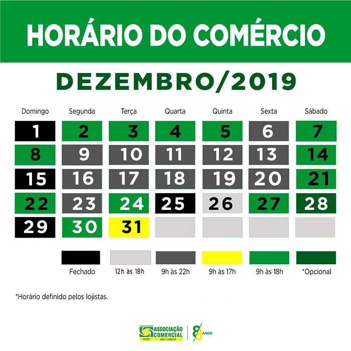 ACISC informa horário do comércio para o mês de novembro