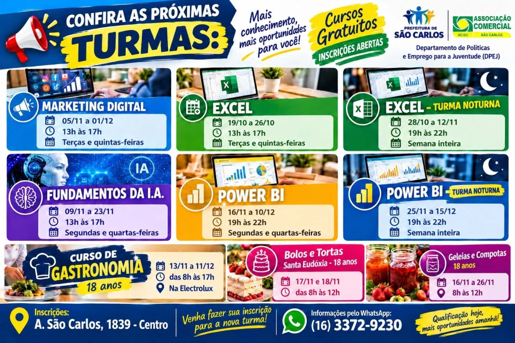 Prefeitura de São Carlos e ACISC oferecem cursos gratuitos de qualificação profissional; inscrições estão abertas