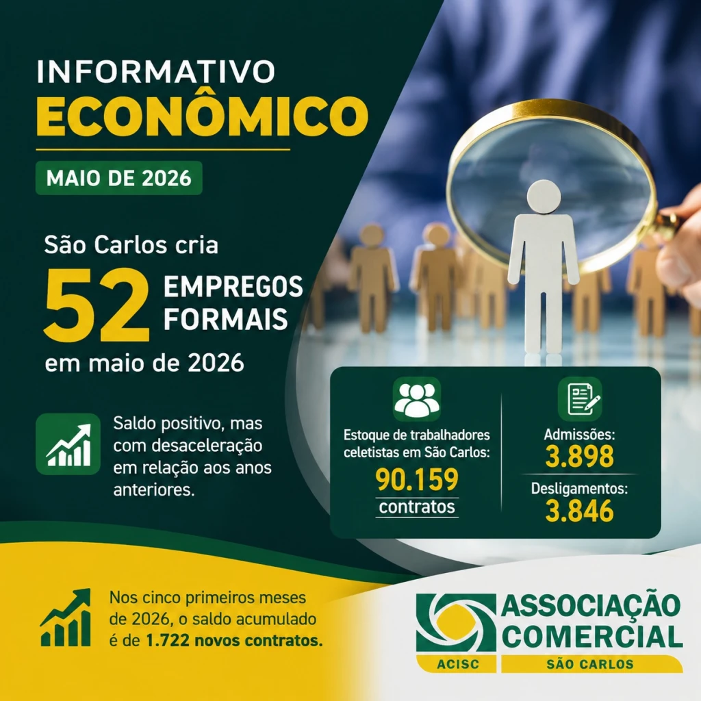 São Carlos cria 52 empregos formais em maio, aponta informativo da ACISC