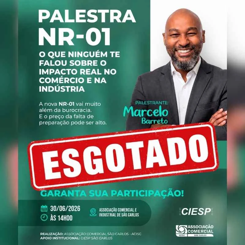Palestra gratuita da ACISC sobre nova NR-01 tem inscrições esgotadas em São Carlos