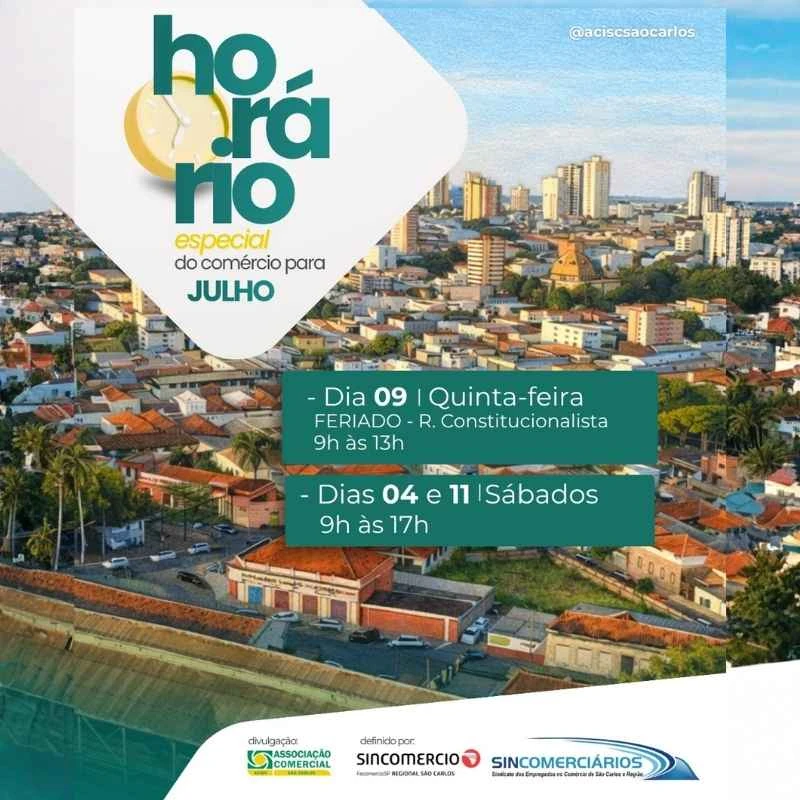Comércio de São Carlos terá horário especial em julho, informa ACISC