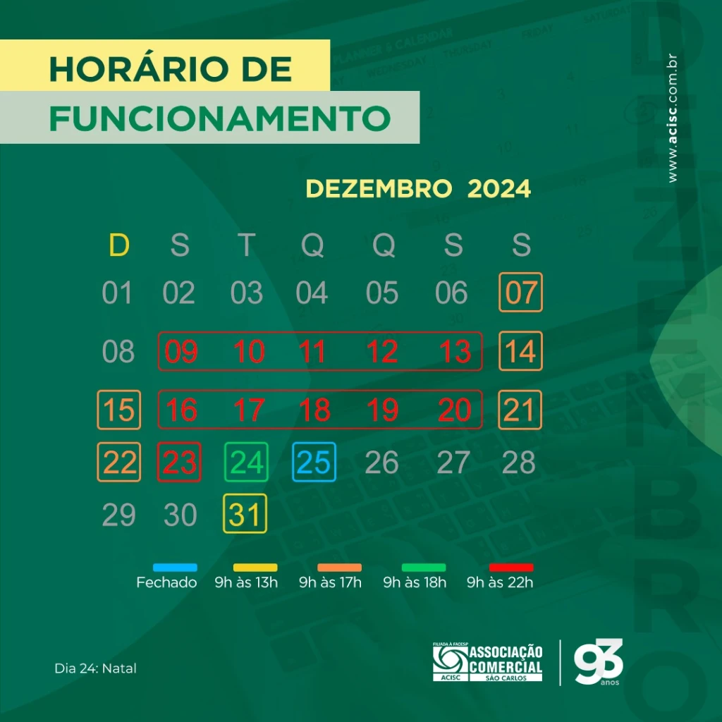 ACISC anuncia horário especial do Comércio de São Carlos para Dezembro de 2024